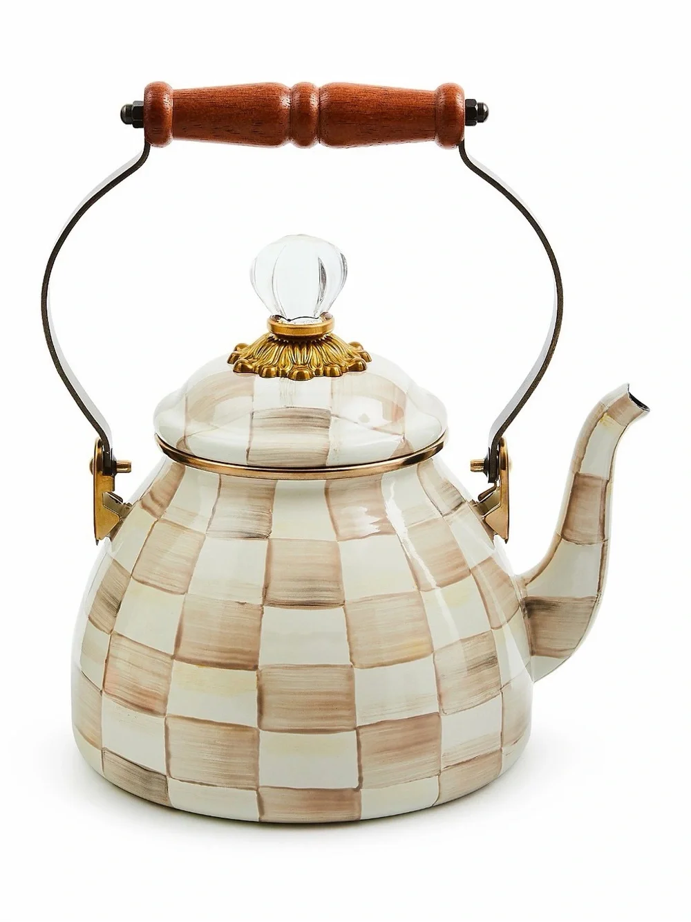Classic Checkered Ceramic Teapot with Wood Handle - Mocha Check